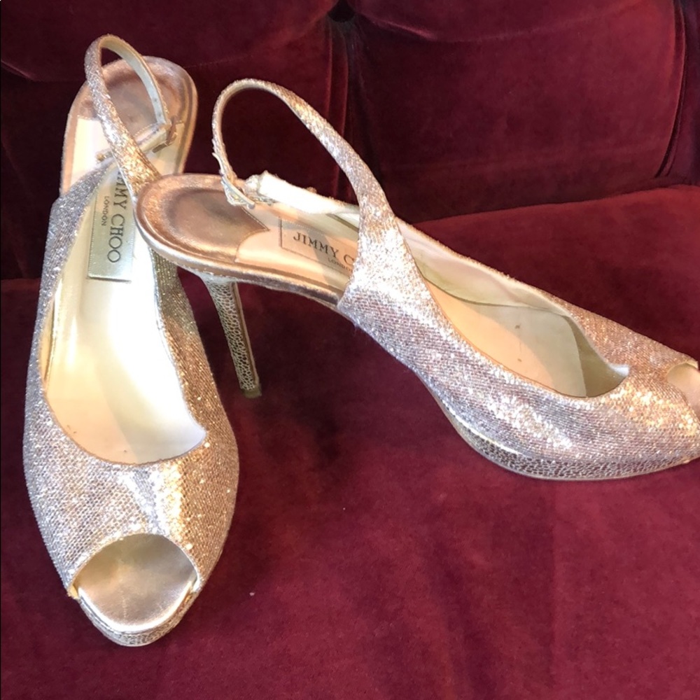 JIMMY CHOO gold glitter slingback platform heels